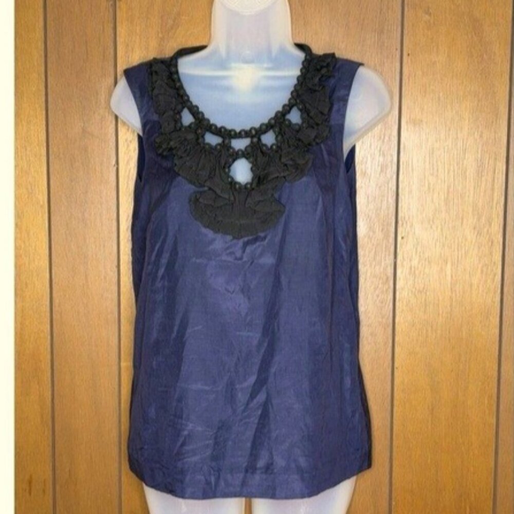 J Crew Blouse Women 0 Navy Beaded Ruffle Silk Whimsigoth Boho Fairy DarkRomantic